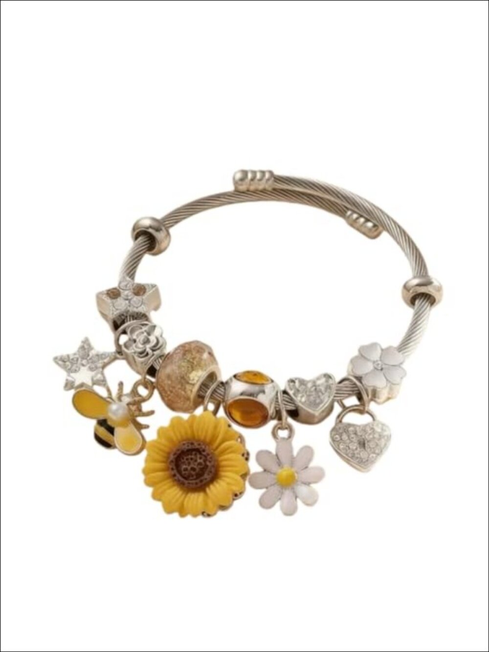 Stainless Steel Open Cuff Bangle Daisy Bee Heart Charm Bracelet